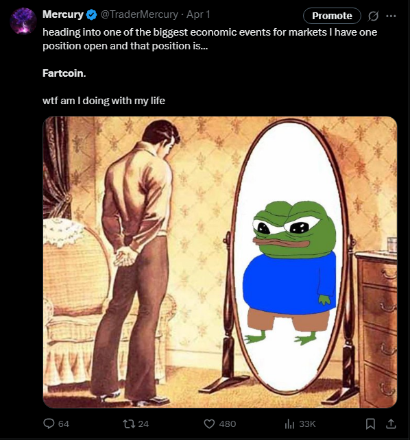 TraderMercury's tweet photo. Perfection is the enemy of greatness.

"there isn't enough transparency on this app"

cool. let's change that.

Trade thesis: absolute strength + relative strength to the rest of the market (hot air rises)

Trade setup:

Trade result: 

Reality:

in this thread, the goal is to show you how:

- winning philosophy wins, long-term
- perfection is unnecessary (as well as unachievable)
- opportunity is abundant

so, obviously, I fumbled the bag.

for context: I was adamantly bearish for several weeks leading up to April, before this setup came into fruition

ofcourse, that means I was bearish at the exact bottom; this is a feature for my style of trading markets, not a bug.

the reasoning for being bearish at the bottom is the same reasoning as to why I was bearish for the entirety of the trend on the way into the bottom

I am not Ping; I don't have otherworldly insight to the universe. I merely understand when the chart is headed to the top-right-corner, or the bottom-right-corner -- that is all.

the ability to watch the market selloff without the sudden, impulsive, urge to market-buy stems from the innate belief that, whenever strength is shown: I will have the ability & courage to adapt to the newfound arguments the market has presented and bid.

that's the theory, atleast, and most of the time it is the case as well.

variance exists, and so the reality is: before catching the rally, there are times where I am punished for showing courage too early

leading up to this trade I was coming off of a 3-trade losing streak (important context)

which encompassed a majority of my drawdown for all of those months prior. so when you frame it that way, it's really not all that bad

in this case, even with the 3-trade losing streak, I had managed to mitigate a lot of the drawdown, relatively speaking.

I disallowed myself to echo the perception of 'markets are brutal'; I gave myself the largest of head-starts

yet I still managed to fuck it up, somehow...

after months, and a few scratches, I finally was able to spot an oasis in the market; a whopping majority of coins were still making lower highs, and unable to breakout of key resistances overhead.

Fartcoin placed itself within a spotlight, by breaking out of a month-long range, and reclaiming key trends for the first time in a long time.

it's very easy to say something like:

"well, it's already up 100% in the past week, and you're only just now starting to bid; you are at the bottom of the totem-pole"

but this way of thinking is considered 'losing philosophy' when framed in a trend-trading perspective.

regardless of the percentage move since the bottom, the market is finally doing something different that it had not managed to do throughout the previous 3 months, as we downtrended -90% lower

and once again, I'm not in-sync with the universe; so I don't know when the bottom will be, nor do I criticize myself for not knowing

all I know is: this time has a much greater chance of being 'different' than other times.

this is 'winning-philosophy' from an absolute standpoint, discussing my perspective on Fartcoin in its' own right, without relating to context from the greater market

when we bring in that relative context, the thesis is only reinforced.

here is the market: in the midst of 'peak fear', recession worries, and tariff uncertainty, continuously trading lower

and here is Fartcoin: going up, regardless of all of that.

I even made a post about it, here:

strength is strength, and higher prices lead to higher prices.

the consensus argument (from my perspective) was: 'lol, we're on the brink of a recession and you guys are bidding...Fartcoin?'

which, admittedly, is the punchline of the shitpost above

but market philosophy says to respect strength, shut the fuck up, and bid.

this is how we find ourselves in the outperformers. other market participants should ignore other assets and focus on the ones that are currently accomplishing the very reason as to why they're here (higher). lots of people are talking about Fartcoin - nobody is talking about [insert ticker here].

so my execution reflects that philosophy.

after only a few days, the entire market began selling off once again

when I initially saw the weakness from a local standpoint, I asked myself:

"would I rather hold this position and allow it to potentially be losing-trade #4 in a row, or would I rather take my profits and run?"

I like to think that my decision was heavily-influenced by my performance leading up to that trade

which is something that people don't discuss very often; every decision you make in markets has a perpetual domino-effect, and skews your perspective / alters your positioning for the unforeseeable future.

funnily enough though, I was right.

Fartcoin would go on to trade -10% lower than my entry price. I had managed to escape a roundtrip, and instead profited ~0.6R, chipping away at my recent losses. feels good.

Bitcoin would go on to make a Lower-Low amongst all timeframes (because it was relatively weaker)

yet Fartcoin would hold the general area around my entry as support as a Higher-Low, and spend the next few weeks consolidating, before eventually resuming the uptrend

the caveat was: whilst I refuted a roundtrip or holding the position in drawdown, the stop-loss I had in place would've remained untouched

the trade was still technically valid; I decided to use my discretion to cut it preemptively

discretion is a blessing, and a curse.

the reason I use my discretion is because it is an edge

but that does not mean it's impervious to variance.

so it actually hurt me this time; I would have been better off being a robot and allowing the trade to run until it was technically invalid.

the good thing is: I knew that I was susceptible to that variance before I even made that decision

it's not like it would be the first time that's ever happened to me...

so when it happened, it didn't shock me; nor did it feel like the end of the world

after some weeks Fartcoin broke higher from its' consolidation, leaving me sidelined

at this point, it would have been incredibly easy to sulk about the poor execution from prior

but there's a very specific mindset that, in my humble opinion, every great trader shares in common:

- poor execution is inevitable; I am human, not perfect.

- technically, I was correct; strength is attracting more strength -- silver-lining

- there will be another opportunity later down the line, whether on Fartcoin or another ticker. If I sulk about missing one opportunity I ensure that I'll miss the next as well.

there's no crying in the casino.

although Fartcoin was rallying without me, and although it was technically the strongest coin in the market (and therefore the coin I wanted exposure to most), I couldn't gain an entry

I'm not allowed to suddenly succumb to the same immature habits I once practiced when I initially started trading 7 years ago -- market-buying green candles at highs

nor am I really all that comfortable with 'breakout' style-trades; they've never really been my strong-suit.

so the only thing I could do was wait.

good news is: fartcoin is not the only coin that exists, and even though it was at the top of my watchlist, other coins were finally showing strength at this point.

I decided to bid other altcoin setups that were coming into fruition around that time, which proved to be rewarding.

opportunity is abundant.

additionally, I would spot another trade opportunity on Fartcoin later on,

and I would mess it up, once again...

[CONTINUED]