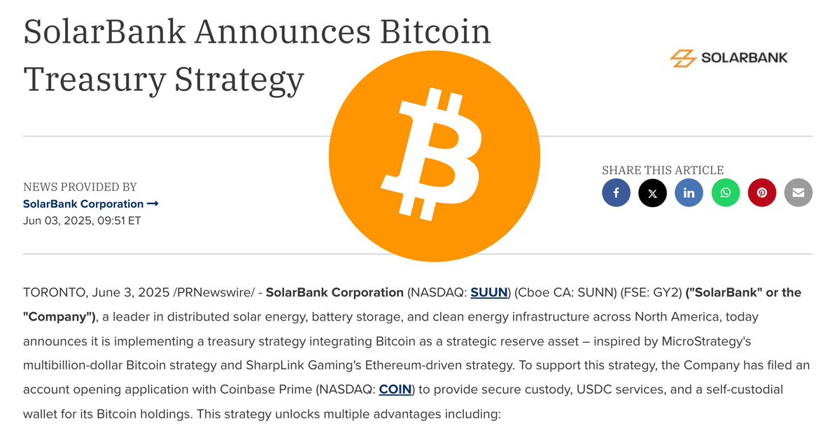 JUST IN: North American construction engineering company SolarBank adopts a Strategic Bitcoin Reserve 🙌