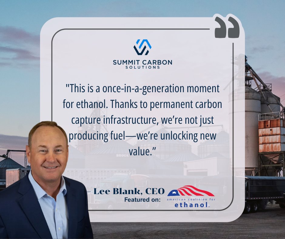 "This is a once-in-a-generation moment for ethanol. Thanks to permanent carbon capture infrastructure, we’re not just producing fuel—we’re unlocking new value."

Read Summit Carbon Solutions CEO Lee Blank's opinion editorial here: hubs.ly/Q03qb-rL0