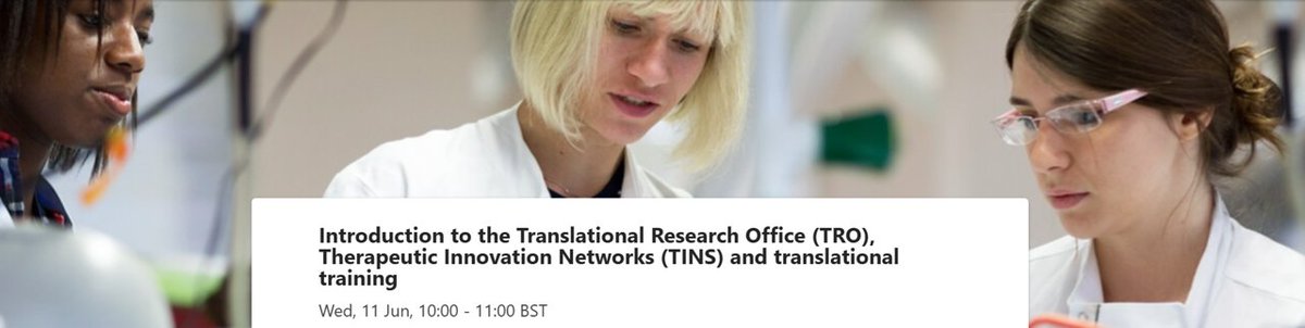 UCL Translational Research Office (@ucltro) on Twitter photo Webinar: Introduction to the Translational Research Office (TRO), Therapeutic Innovation Networks (TINS) and translational training
Wed, 11 Jun, 10:00 - 11:00
Join us to explore how we can support your translation ambition: bit.ly/3Zd1U4Q
<a href="/UCLEnterprise/">UCL Innovation & Enterprise</a> Webinar: Introduction to the Translational Research Office (TRO), Therapeutic Innovation Networks (TINS) and translational training
Wed, 11 Jun, 10:00 - 11:00
Join us to explore how we can support your translation ambition: bit.ly/3Zd1U4Q
<a href="/UCLEnterprise/">UCL Innovation & Enterprise</a>