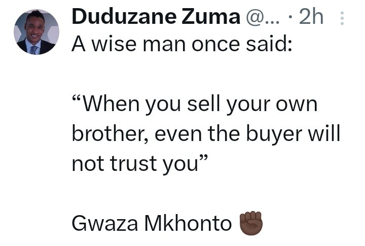 raamba2016's tweet photo. Words of wisdom by Duduzani Zuma. Never trust a betrayer
Gwaza Mkhonto Gwaza
#MKparty, #Flyod, #JacobZuma, #floydshivambu , #Malema, #SecretaryGeneral, https://t.co/XpOkoF2AKy