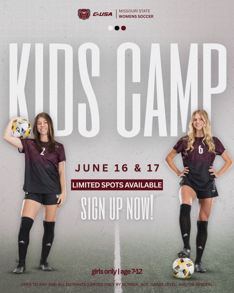 Missouri State Women's Soccer (@mostatewsoc) on Twitter photo ๐๐๐๐๐๐๐พ๐๐ ๐๐๐๐๐ ๐ท๐๐ถ๐๐! ๐ปโฝ๏ธ
Come spend two exciting days with @mostatewsoc at our Kids Camp, June 16โ17! Learn new skills, make new friends, and train with your favorite players and coaches!
Spots are limitedโdonโt wait to register!
โฆsouristatewomenssoccer.totalcamps.com/shop/EVENT?fbcโฆ ๐๐๐๐๐๐๐พ๐๐ ๐๐๐๐๐ ๐ท๐๐ถ๐๐! ๐ปโฝ๏ธ
Come spend two exciting days with @mostatewsoc at our Kids Camp, June 16โ17! Learn new skills, make new friends, and train with your favorite players and coaches!
Spots are limitedโdonโt wait to register!
โฆsouristatewomenssoccer.totalcamps.com/shop/EVENT?fbcโฆ