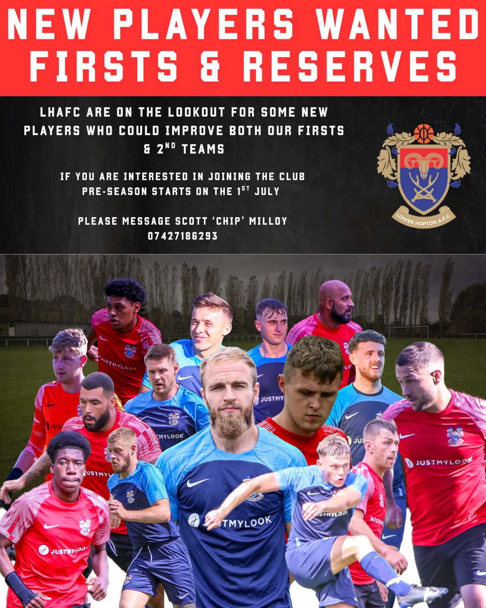 NEW PLAYERS WANTED 

We are actively looking for new players for both of our teams 

Do you fancy a change? are you getting the game time you deserve? 

It’s a new era at Hopton and training starts on the 1st of July 

Please message us or send Chip a whatsapp for more details