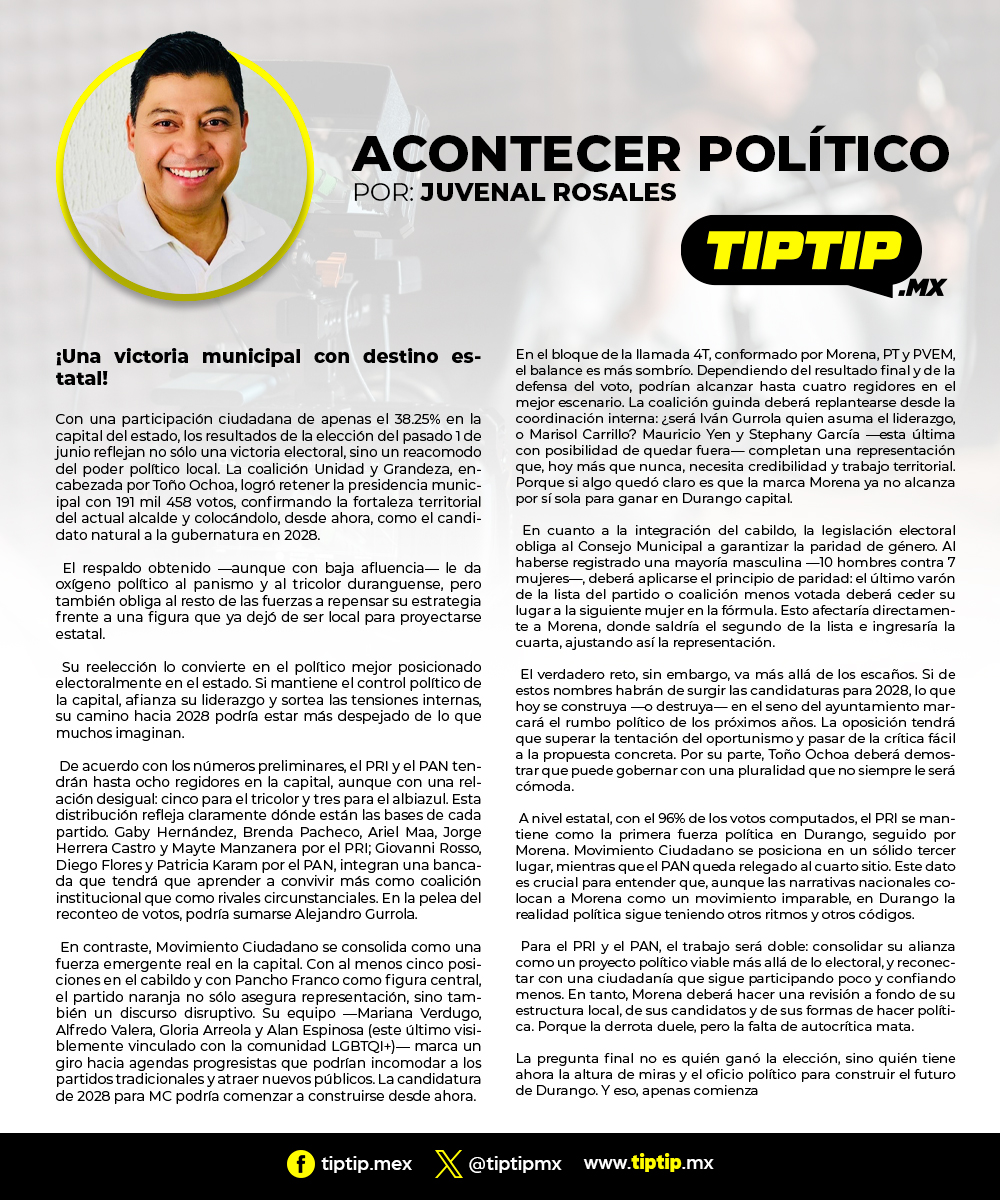 Tip...Tip... (@tiptipmx) on Twitter photo Acontecer Político
Por: <a href="/juvedgo/">Juvenal Rosales Flores</a>
¡Una victoria municipal con destino estatal!
tiptip.mx/acontecer-poli… Acontecer Político
Por: <a href="/juvedgo/">Juvenal Rosales Flores</a>
¡Una victoria municipal con destino estatal!
tiptip.mx/acontecer-poli…