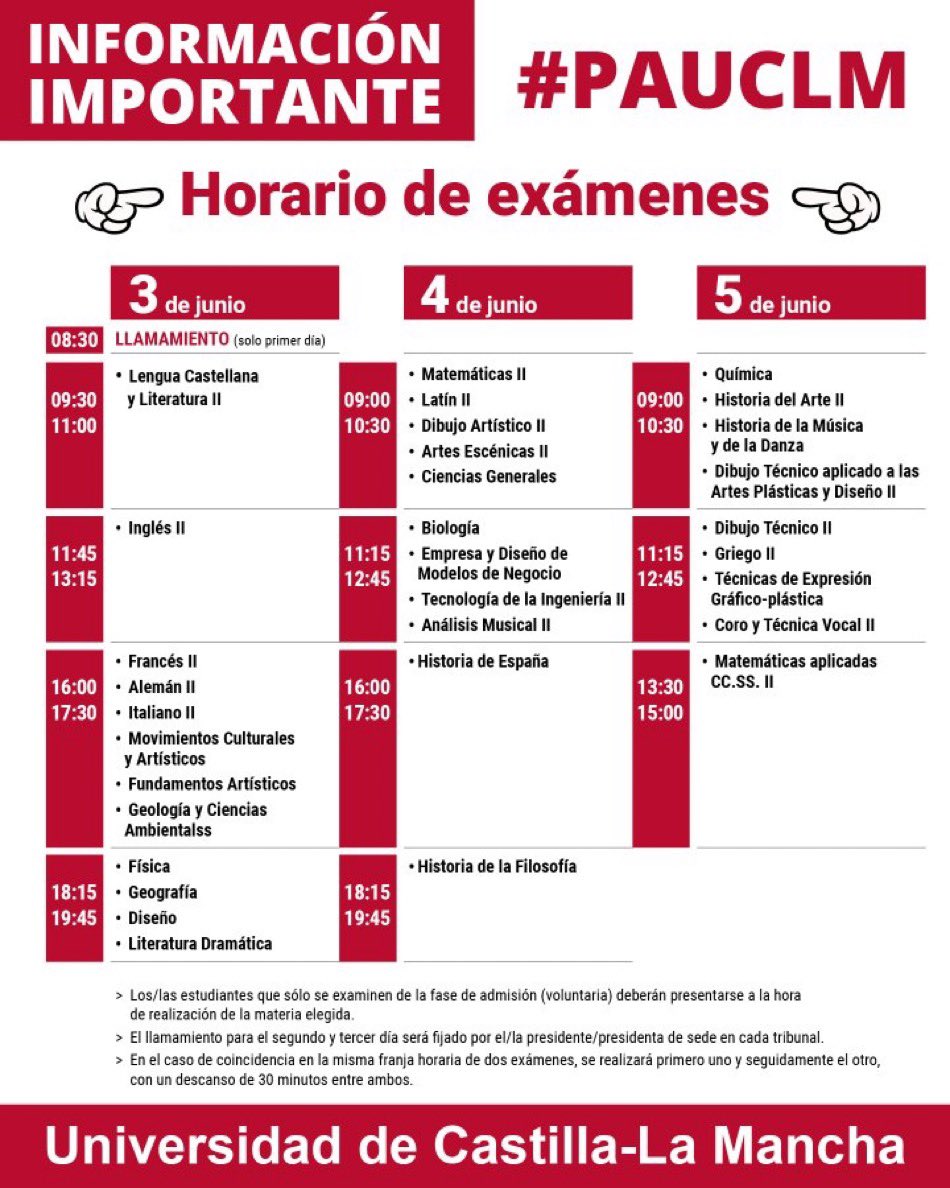 🔴 La nueva Prueba de Acceso a la Universidad arranca en la UCLM sin incidencias destacables y con cifra récord de matrículas.
🗓️ Las notas se enviarán por mail y se publicarán en la web a partir de las siete de la tarde del 11 de junio.
#PAUCLM 
uclm.es/Noticias/Notic…