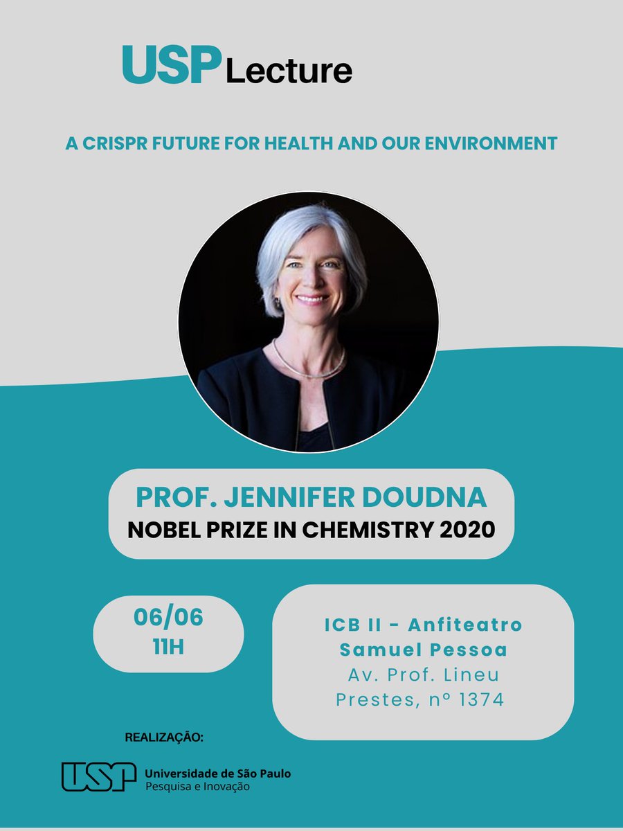 A próxima edição do USP Lecture será no dia 06 de junho, com a vencedora do Nobel Prize in Chemistry 2020, Prof. Jennifer Doudna. O tema da palestra é "A Crispr Future for Health and Our Environment". O evento ocorrerá no Anfiteatro Samuel Pessoa (Av. Prof. Lineu Prestes, 1374).