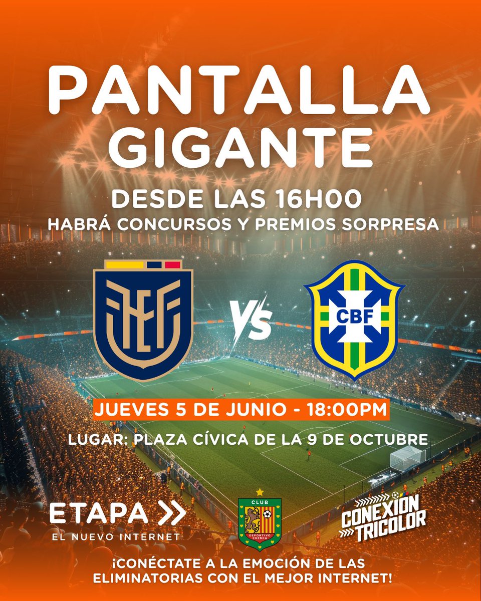 🔥 ¡La emoción del fútbol se vive con ETAPA!
Este Jueves 5 de junio no hagas planes…
🇧🇷 Brasil 🆚 Ecuador 🇪🇨
🕕 18h00 | 📍 Plaza Cívica 9 de Octubre

🎥 Pantalla gigante
🌐 Internet de alta velocidad
🎁 Premios sorpresa
💛 ¡Ambiente 100% futbolero!

Ven y disfruta el partido con