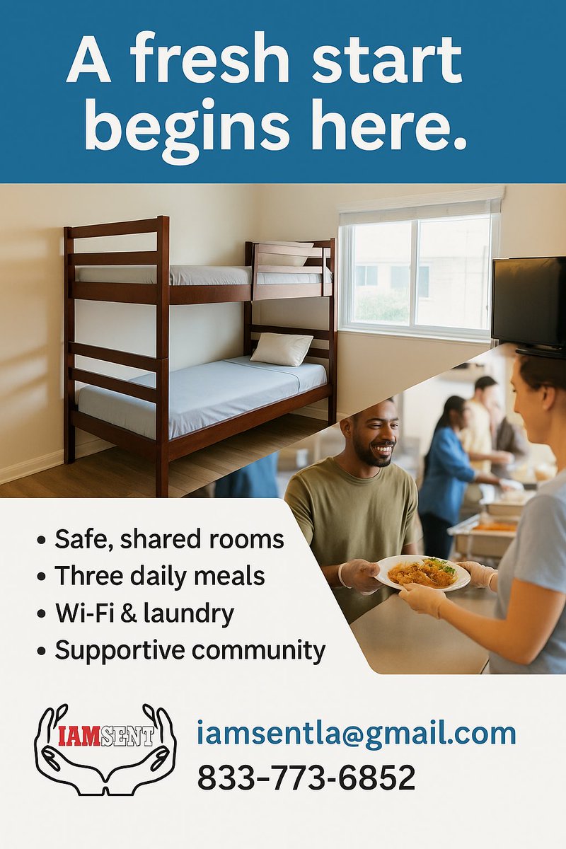 iamsentla's tweet photo. Need a fresh start?
IAMSENT provides:
🛏️ Safe rooms
🍽️ 3 meals a day
📶 Wi-Fi &amp; laundry
🤝 Real support

📍 https://t.co/MSbQgib1hi
📧 iamsentla@gmail.com
📞 833-773-6852

#IAMSENTLA #FreshStart #HopeInAction https://t.co/B79UEehwWi