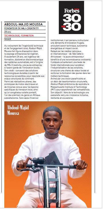 🇳🇪 Le Niger au cœur du #Forbes30Under30 🌍

🔸 <a href="/DobiFarida/">Farida Dobi</a> (hydrogéologue) : solutions durables pour les ressources en eau au Sahel.

🔸 Abdoul-Majid Moussa (MAJ-CREATIVITY) : tech &amp; energy motor 
Fierté 🇳🇪🔥

#Niger #Innovation #Jeunesse