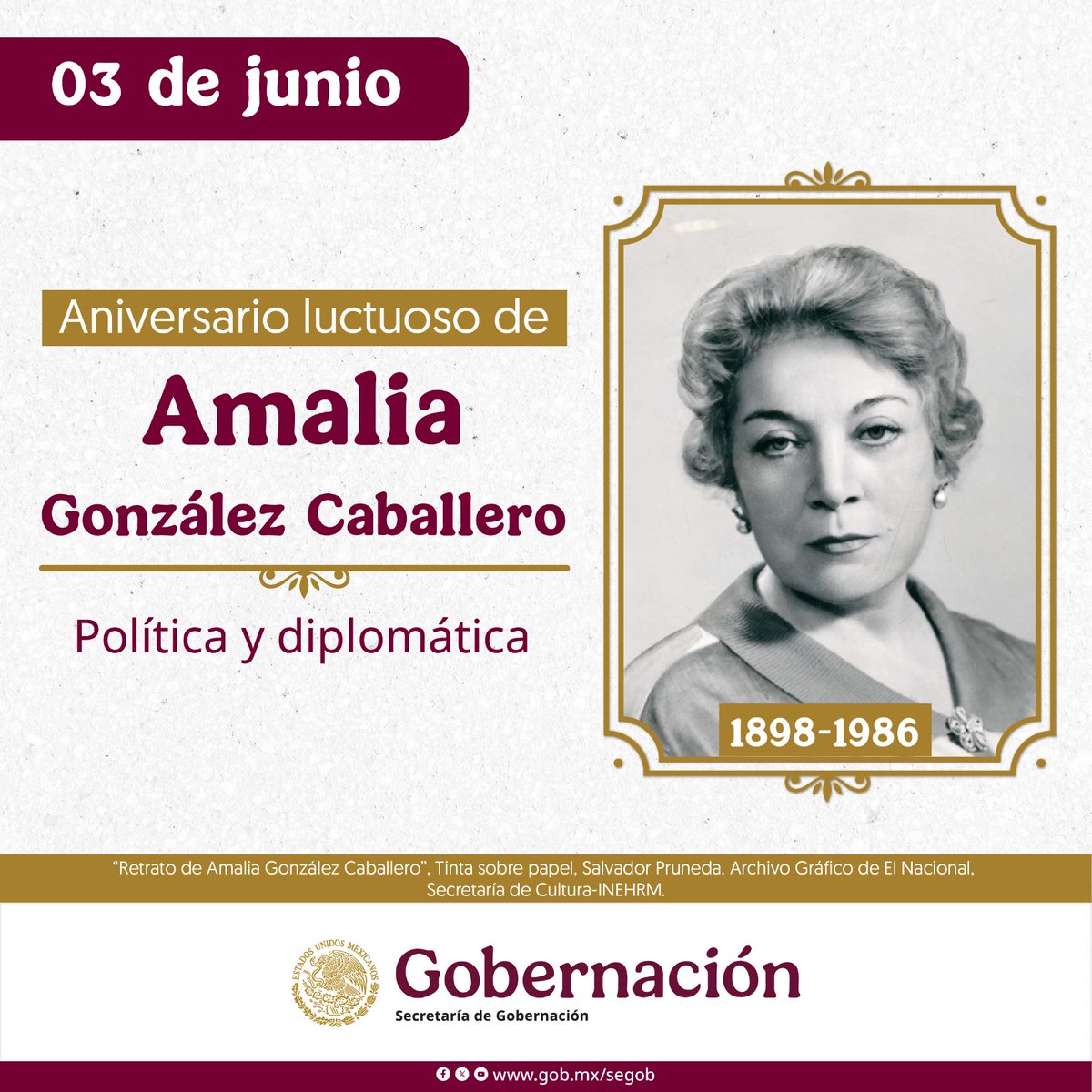 El 3 de junio de 1986 murió la política y diplomática tamaulipeca Amalia González Caballero, quien participó en la lucha por concretar el derecho al voto de las mujeres.
Sus restos descansan en la Rotonda de las Personas Ilustres.
Sugerencia: youtube.com/watch?v=zLkDRc…