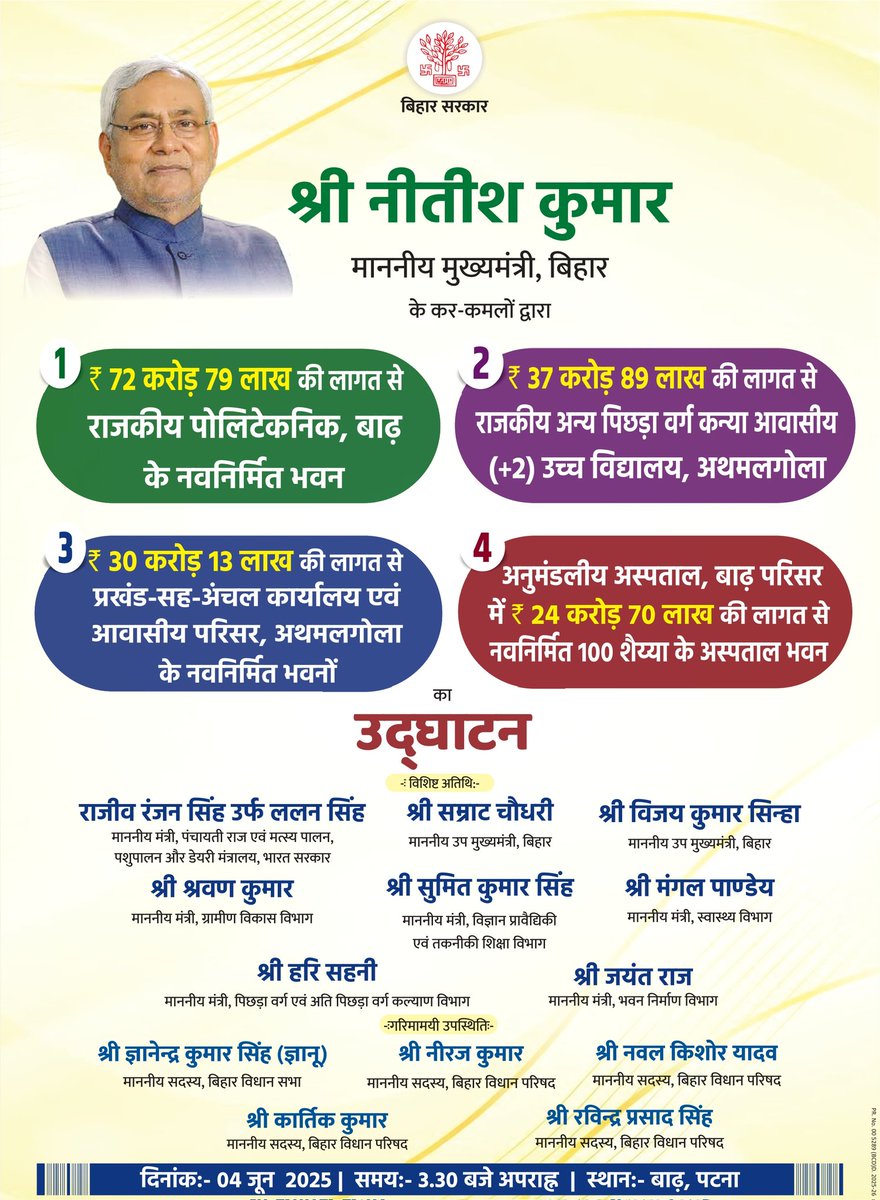 IPRD Bihar (@iprdbihar) on Twitter photo माननीय मुख्यमंत्री <a href="/NitishKumar/">Nitish Kumar</a> के कर- कमलों द्वारा, ₹72 करोड़ 79 लाख की लागत से राजकीय पोलिटेक्निक, बाढ़ के नवनिर्मित भवन, ₹37 करोड़ 89 लाख की लागत से राजकीय अन्य पिछड़ा वर्ग कन्या आवासीय (+2) उच्च विद्यालय, अथमलगोला, ₹30 करोड़ 13 लाख की लागत से प्रखंड-सह-अंचल कार्यालय एवं माननीय मुख्यमंत्री <a href="/NitishKumar/">Nitish Kumar</a> के कर- कमलों द्वारा, ₹72 करोड़ 79 लाख की लागत से राजकीय पोलिटेक्निक, बाढ़ के नवनिर्मित भवन, ₹37 करोड़ 89 लाख की लागत से राजकीय अन्य पिछड़ा वर्ग कन्या आवासीय (+2) उच्च विद्यालय, अथमलगोला, ₹30 करोड़ 13 लाख की लागत से प्रखंड-सह-अंचल कार्यालय एवं