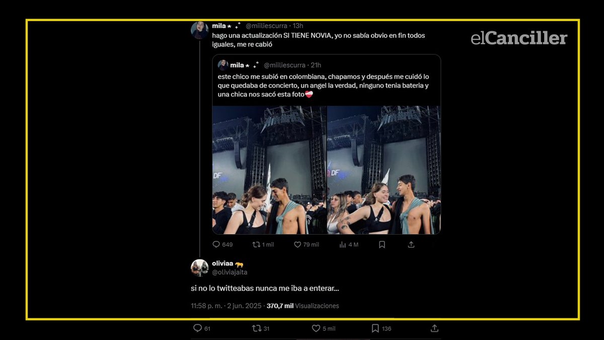 [AHORA] "Se te fue todo a la mierda, pelotudo": una usuaria de X buscó al chico con el que se besó y la "cuidó" durante el recital de Airbag, pero descubrió que tenía novia, y su pareja se enteró de la infidelidad por su posteo. 🤘