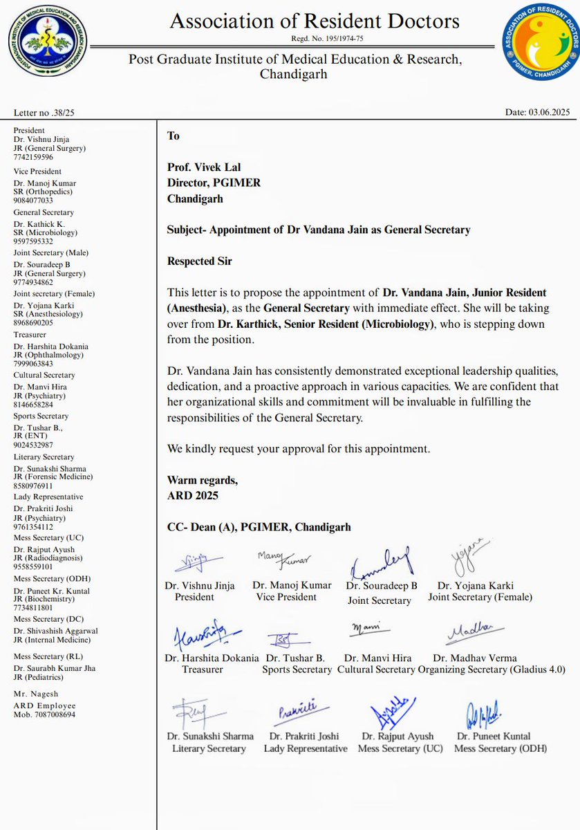 ARD_PGIMER's tweet photo. We are pleased to announce the appointment of Dr. Vandana Jain (JR, Anesthesia) as the new General Secretary of ARD PGIMER.
We thank Dr. Karthick (SR, Microbiology) for his service and wish Dr. Jain great success in her new role.
#ARDPGIMER #Leadership https://t.co/gi8w3eTMU5