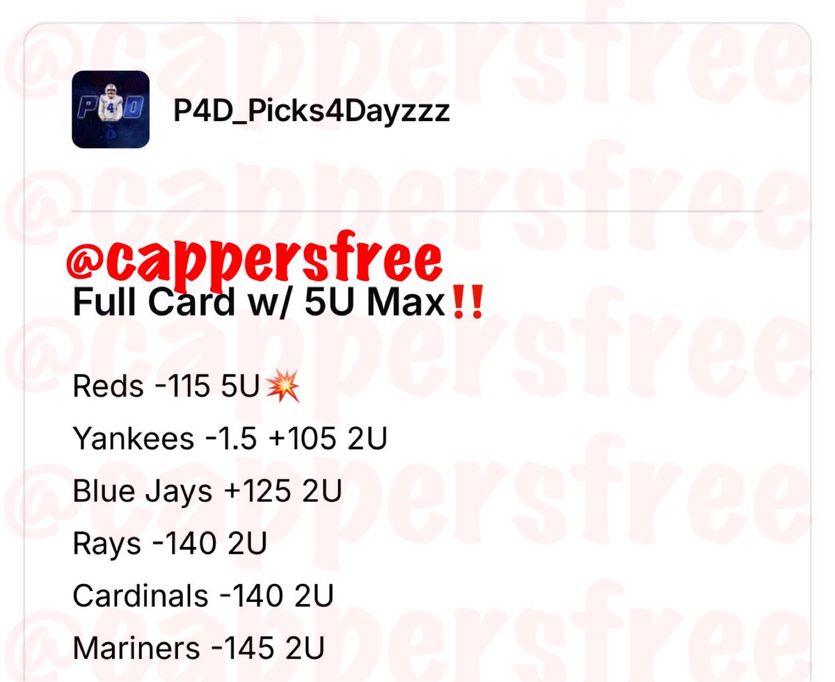cappersforfree's tweet image. HammeringHank

Play of the Day
Pirates ML (3u)

➖➖➖➖➖

DirtyBubbleBets 

MLB
Astros F5 TT U1.5 (1u)

➖➖➖➖➖

NickyCashin
Picks4Dayzzz
DormroomDegenerates 
BetSharper