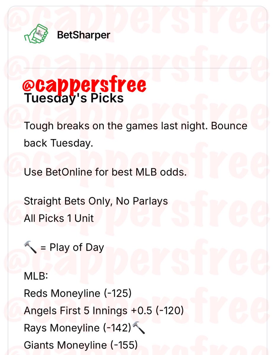 cappersforfree's tweet image. HammeringHank

Play of the Day
Pirates ML (3u)

➖➖➖➖➖

DirtyBubbleBets 

MLB
Astros F5 TT U1.5 (1u)

➖➖➖➖➖

NickyCashin
Picks4Dayzzz
DormroomDegenerates 
BetSharper