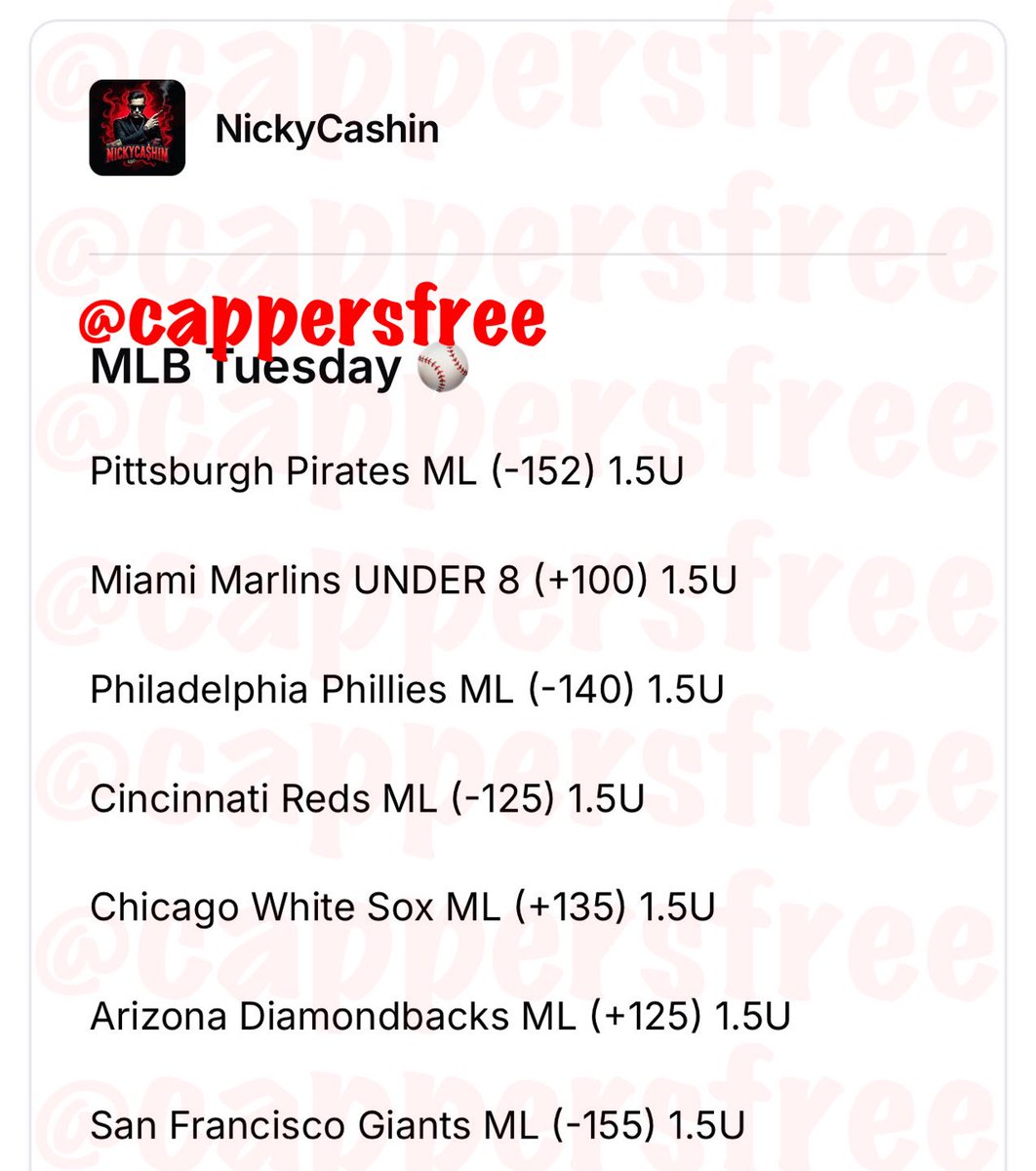 cappersforfree's tweet image. HammeringHank

Play of the Day
Pirates ML (3u)

➖➖➖➖➖

DirtyBubbleBets 

MLB
Astros F5 TT U1.5 (1u)

➖➖➖➖➖

NickyCashin
Picks4Dayzzz
DormroomDegenerates 
BetSharper