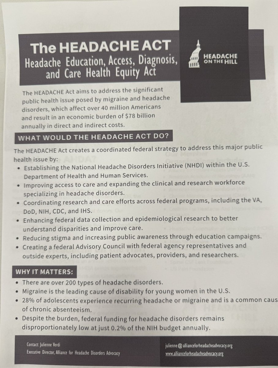 I am attending the Policy Forum: the Price of Pain - 
Migraine impacts over 40 million Americans. 
Did you know over a person’s lifetime there is $300,000 earning loss 

The HEADACHE Act is about to be introduced to help address this significant burden
