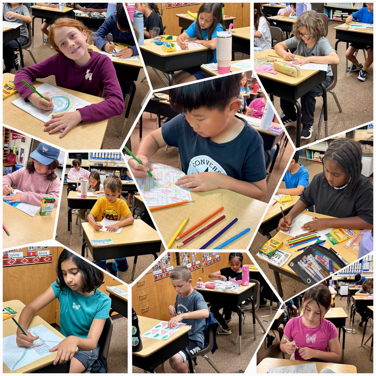 Third grade #SuperSeagulls working with geometric shapes to create “quilts” in class. #SeagullSmarts #SeagullsSoarTogether 💙<a href="/SunsetHillsES/">SunsetHillsElementary</a>