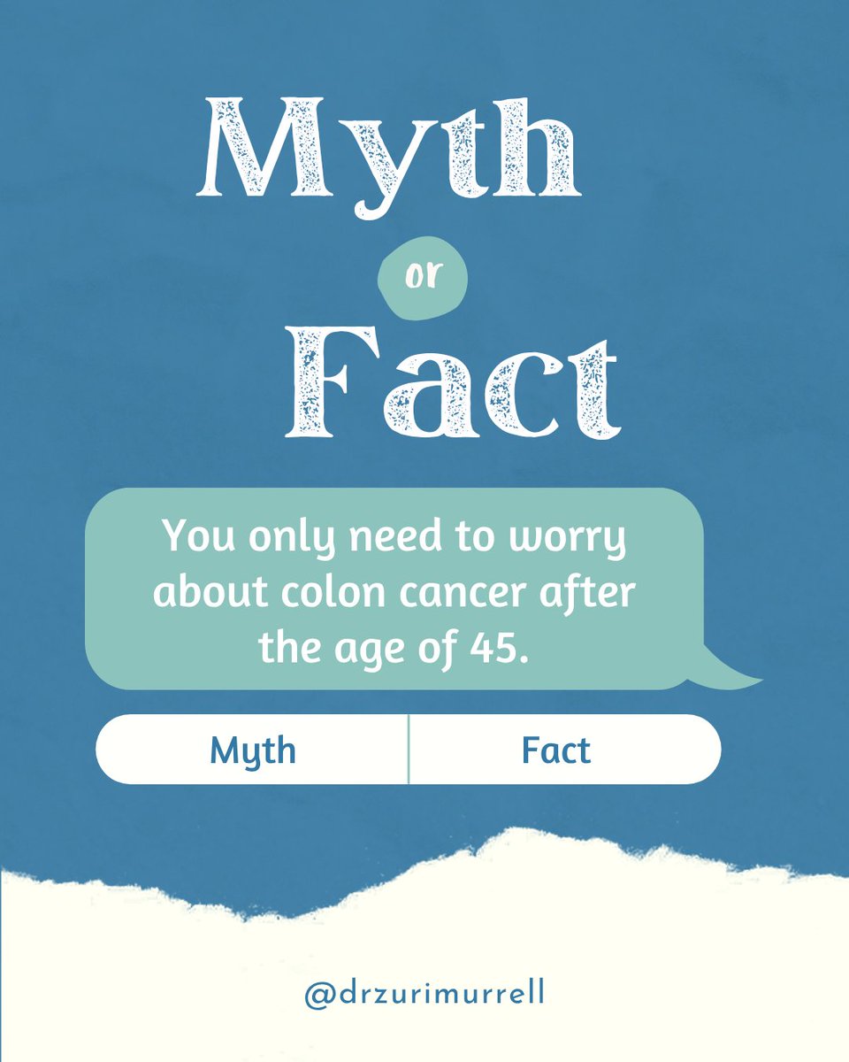❌ Myth!
Colon cancer is increasingly being diagnosed in adults under 45. In fact, early-onset cases are on the rise — which is why knowing your family history, symptoms, and getting screened when recommended is more important than ever.

#ColonCancerAwareness #GetScreened