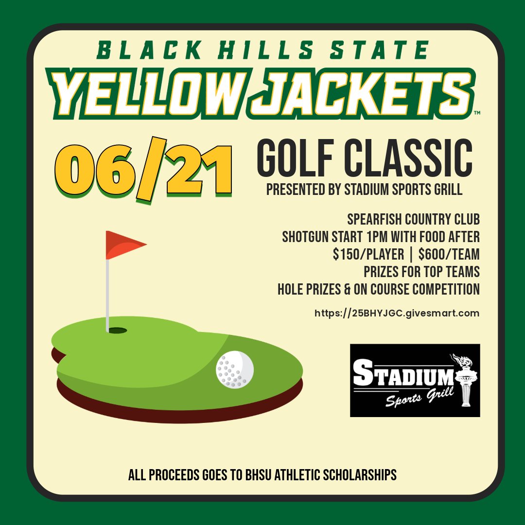 We are less than three weeks away from the Yellow Jacket Golf Classic, presented by Stadium Sports Grill. Make sure to get your team signed up and enjoy a day out on the course supporting BHSU athletic scholarships!

REGISTER HERE⬇️
e.givesmart.com/events/J3H/