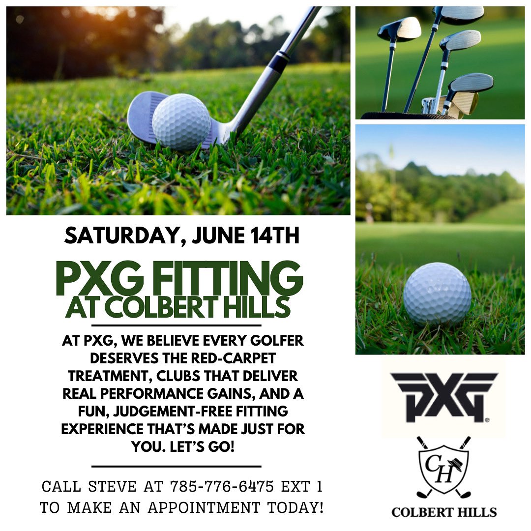 🏌️PXG Fitting Event at Colbert Hills!
Join us Saturday, June 14th for a professional golf club fitting experience right here at Colbert Hills.
Reserve a time today by calling Steve at 785-776-6475 Ext 2 today! #colberthills