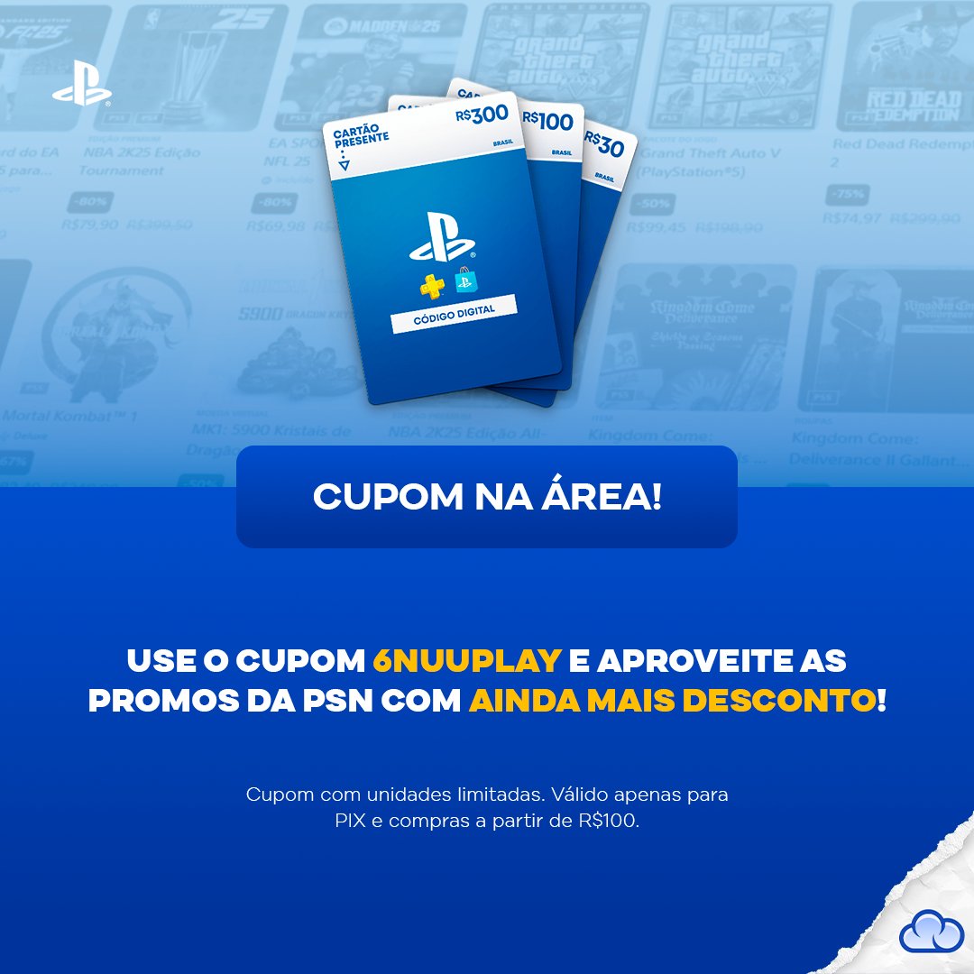 Aproveite AINDA MAIS as promos do Days of Play com cupom! 🚨

Garanta o seu Gift Card da Playstation usando o cupom 6NUUPLAY 😱

EU QUERO: ow.ly/2Yzy50W3wr3

Cupom com unidades LIMITADAS. Válido apenas para PIX e compras a partir de R$100.