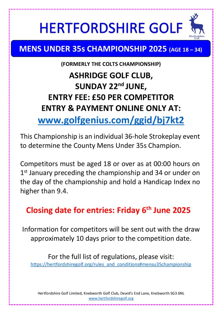 herts_golf's tweet photo. Last opportunity to enter the Men's Under 35 (formerly the Colts) Championship, is tomorrow 6th June

This is a 36 hole strokeplay event for golfers 18-34 years of age

To be played at the beautiful Ashridge Golf Club

Enter 
https://t.co/N2RJ1tZk0i

#hertfordshiregolf #under35 https://t.co/xE2ks3HzgA