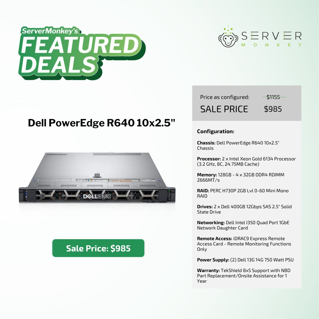 ServerMonkey (@myservermonkey) on Twitter photo June deal! 15% off Dell PowerEdge #R640: Now $985! Dual Xeon Gold 6134 CPUs, 128GB RAM, 800GB SSD storage, quad-port networking, TekShield Support.
🌐: hubs.ly/Q03qsYZ70
👨💻: 1-855-432-8918 | sales@servermonkey.com
#ServerMonkeyFeaturedDeal June deal! 15% off Dell PowerEdge #R640: Now $985! Dual Xeon Gold 6134 CPUs, 128GB RAM, 800GB SSD storage, quad-port networking, TekShield Support.
🌐: hubs.ly/Q03qsYZ70
👨💻: 1-855-432-8918 | sales@servermonkey.com
#ServerMonkeyFeaturedDeal