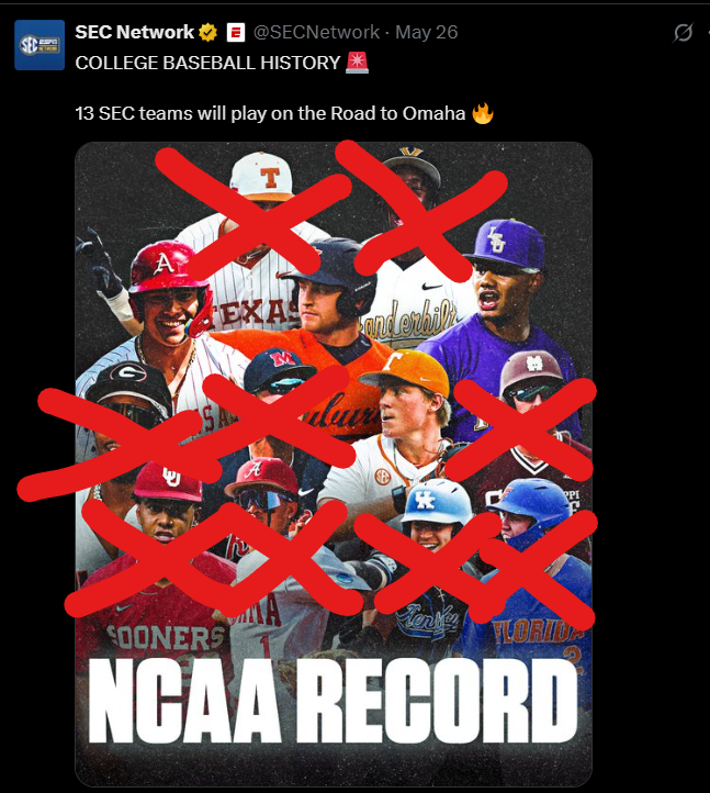 Beavs of SoCal๐ด๐ฆซ (@beavsofsocal) on Twitter photo Gotta Promote ALL the NEW RECORDs!!!!
<a href="/SECNetwork/">SEC Network</a> <a href="/SECUnfiltered/">SEC Unfiltered</a>
-- Most SEC teams to NOT make Super Regionals, total 9
--Most Regional Hosts to get knocked out at 4
-- 1st EVER #1 National Seed to NOT reach Regional Final
SEC just breaking record books!!!
IT JUST MEANS MORE!!! Gotta Promote ALL the NEW RECORDs!!!!
<a href="/SECNetwork/">SEC Network</a> <a href="/SECUnfiltered/">SEC Unfiltered</a>
-- Most SEC teams to NOT make Super Regionals, total 9
--Most Regional Hosts to get knocked out at 4
-- 1st EVER #1 National Seed to NOT reach Regional Final
SEC just breaking record books!!!
IT JUST MEANS MORE!!!