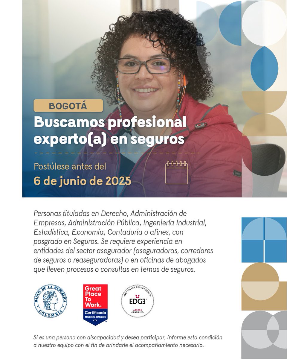 Banco República 🇨🇴 (@bancorepublica) on Twitter photo ¡Haga parte del #TalentoBanRep y deje huella en Colombia!
Buscamos profesional experto(a) en seguros. Postúlese aquí 👉 ow.ly/9tb550W3wKX
Las ofertas de empleo del <a href="/BancoRepublica/">Banco República 🇨🇴</a> son gratuitas y no requieren de intermediarios para participar en las mismas. ¡Haga parte del #TalentoBanRep y deje huella en Colombia!
Buscamos profesional experto(a) en seguros. Postúlese aquí 👉 ow.ly/9tb550W3wKX
Las ofertas de empleo del <a href="/BancoRepublica/">Banco República 🇨🇴</a> son gratuitas y no requieren de intermediarios para participar en las mismas.