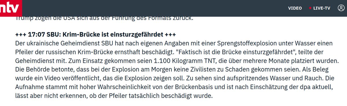 personenprofil's tweet photo. @CatDylanNews @secretsqrl123 sounds promising

"#Krim-#Brücke ist #einsturzgefährdet 
Der  #ukrainische #Geheimdienst #SBU hat [...] mit einer #Sprengstoffexplosion unter Wasser einen #Pfeiler der #russischen  Krim-Brücke ernsthaft #beschädigt [...] 1.100 #Kilogramm #TNT, die über mehrere #Monate platziert" https://t.co/kUQCO8rAxh