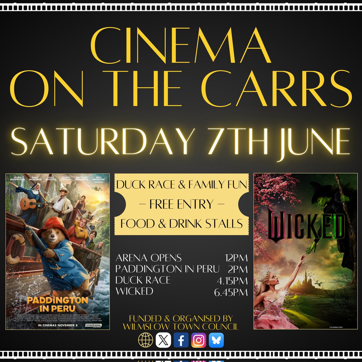 Cinema on the Carrs 2025: this Saturday!
Here are the main timings of this free event:
12pm: Arena opens, food, drink and ducks 🦆 available to purchase. 
2pm: Paddington in Peru.
4.15pm: Duck Race.
6.45pm: Wicked.
9.30pm: event ends.
🥪 Marmalade sandwiches at the ready!
