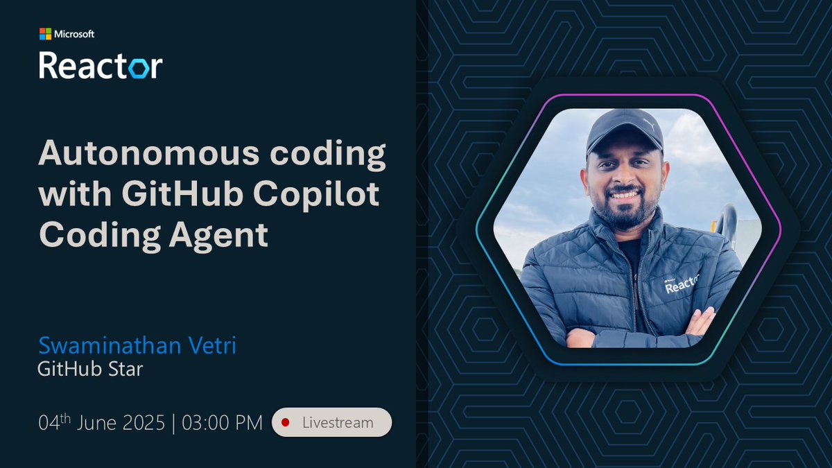 GitHubIndia's tweet image. Why write every line yourself when your AI peer can pitch in? 🤝💻

GitHub Star @svswaminathan teams up with @MSFTReactor to show you how to unlock Copilot Coding Agent for real-world dev tasks.

Real workflows and hands-on tips await!

👉gh.io/AAwk72o