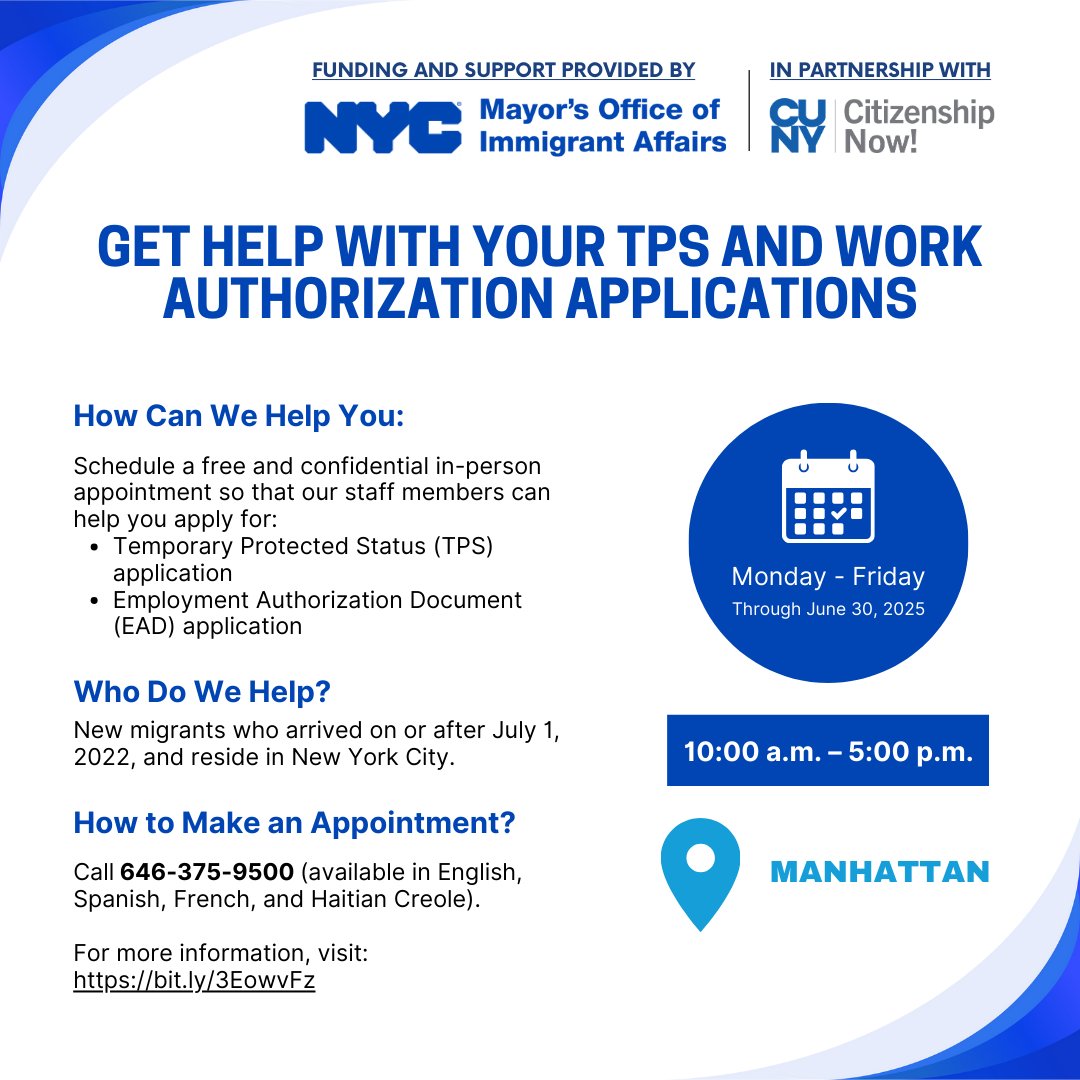 CUNYCitizenship's tweet image. Get help from CUNY Citizenship Now! and @NYCImmigrants with your TPS or work authorization applications. Appointments are available in our Manhattan office and won’t last long, so don't hesitate to contact us at 646-375-9500.