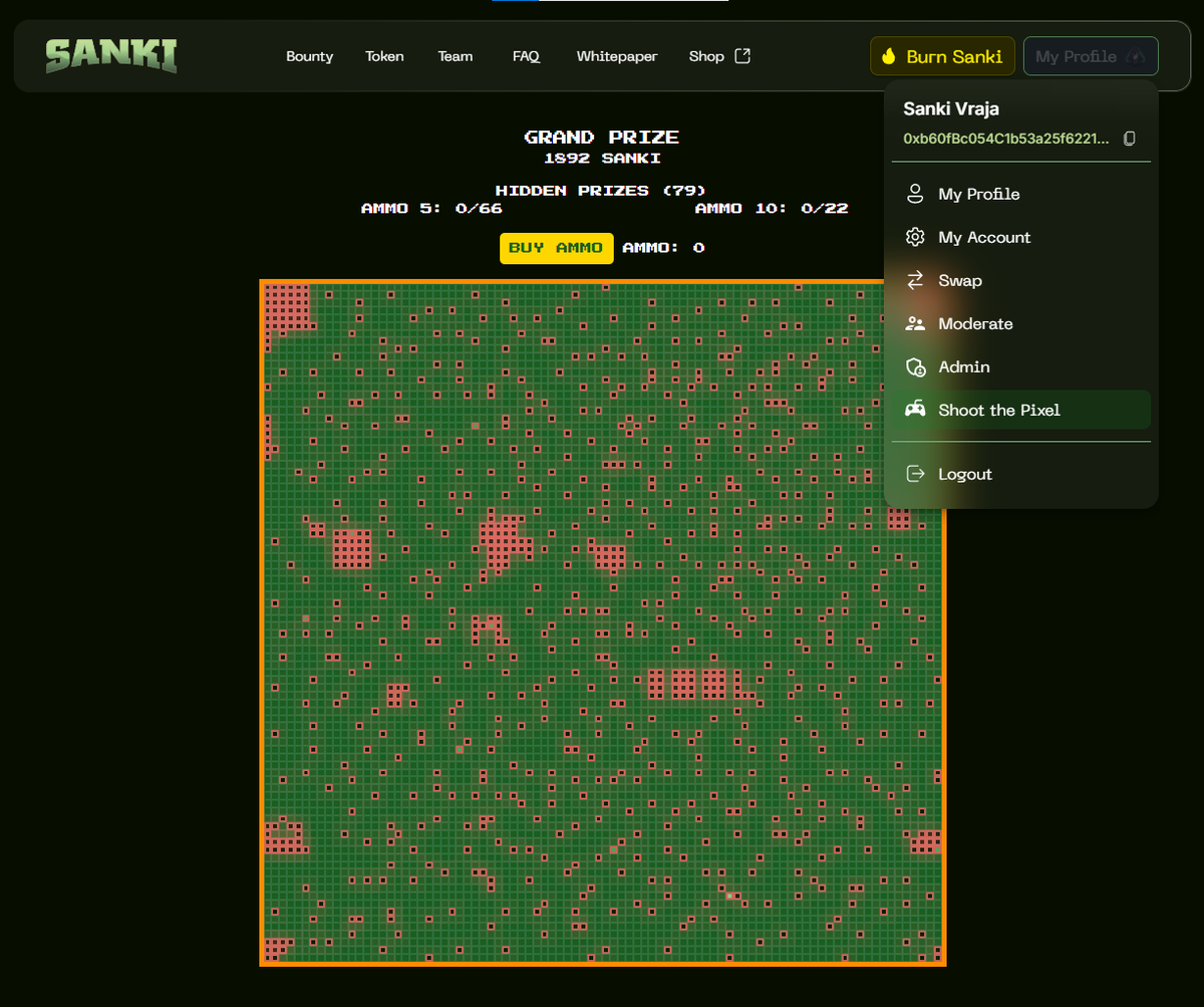 sankivraja's tweet photo. 📢  We’ve launched a minimal test version of the game "Shoot the Pixel".

The rules are simple:
An 88x88 pixel board, totaling 7,744 pixels, contains 89 hidden prizes:

🥇 1 prize starts at 1,000 $Sanki and increases by 1 $Sanki for each bullet fired.

- 22 prizes granting 10 free bullets.
- 66 prizes granting 5 free bullets.

A pack of 10 bullets costs 10 vSanki during the test period, but will later cost 19 vSanki (5 vSanki are burned, and the rest go to the game’s treasury for long-term sustainability).

The board updates in real-time, and players cannot use bullets on pixels already shot by other players.

The game can be accessed from "My Profile."
https://t.co/UfrYY1DTY5

We apologize for the slow website loading. Our dev will soon switch to a new hosting server, and things should return to normal.

If you have ideas and suggestions that could make the game even more interesting, please leave them in the comments.

Sanki,
The team!

💰 Like and retweet is a 333 $Sanki task reward.