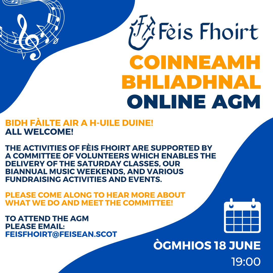 📣 AGM Announcement - Wed 18th June [online]📣 

😍 We wouldn't be anywhere without our friendly, dedicated team of volunteers, and we need your help! 

Excited to see both new and old faces 🔥
 
To join, get in touch at // cuiribh fios gu: feisfhoirt@feisean.scot.