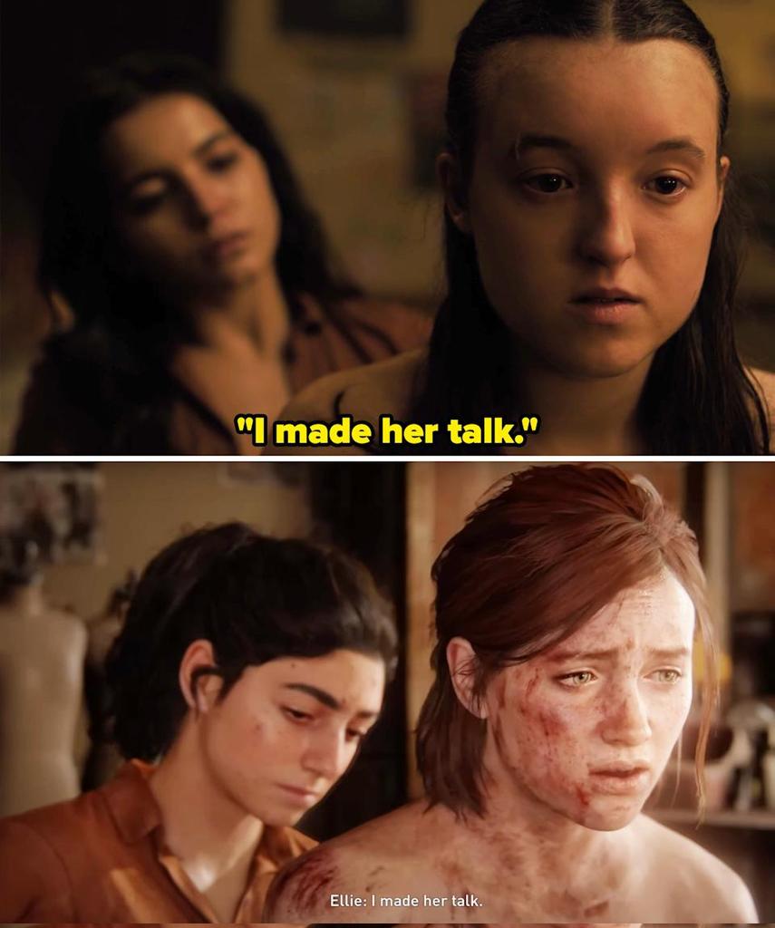 Quiero hablar de esta comparación, ya que para mí, ambas escenas representan cosas distintas.

Aquí todos critican a Bella por "no ser tan expresiva" como la Ellie del juego, pero nunca mencionan nada que no sea superficial, ni el contexto de la escena, ni un parámetro real para