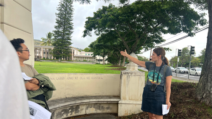 uhmanoa's tweet photo. The “Remapping UH Mānoa: A Campus Huakaʻi” tour invites students, faculty, and visitors to explore the campus through Hawaiian land divisions, uncovering stories of geography, language, resilience, and renewal ➡️ https://t.co/hQ8nj3e7kQ #ExploreUHM https://t.co/U9ySDZtALT