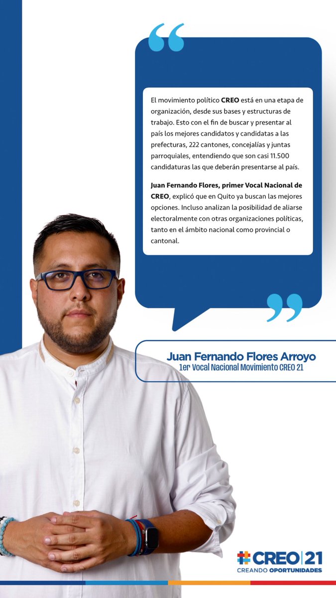 El Movimiento <a href="/CREOEcuador/">Movimiento CREO Ecuador</a> 🇪🇨 se encuentra en una etapa de organización que va de abajo hacia arriba junto a nuestras bases y estructuras de trabajo 💪 

Solo así podremos presentar al país los mejores candidatos y candidatas a las 23 prefecturas, 222 cantones, +1300 concejales y