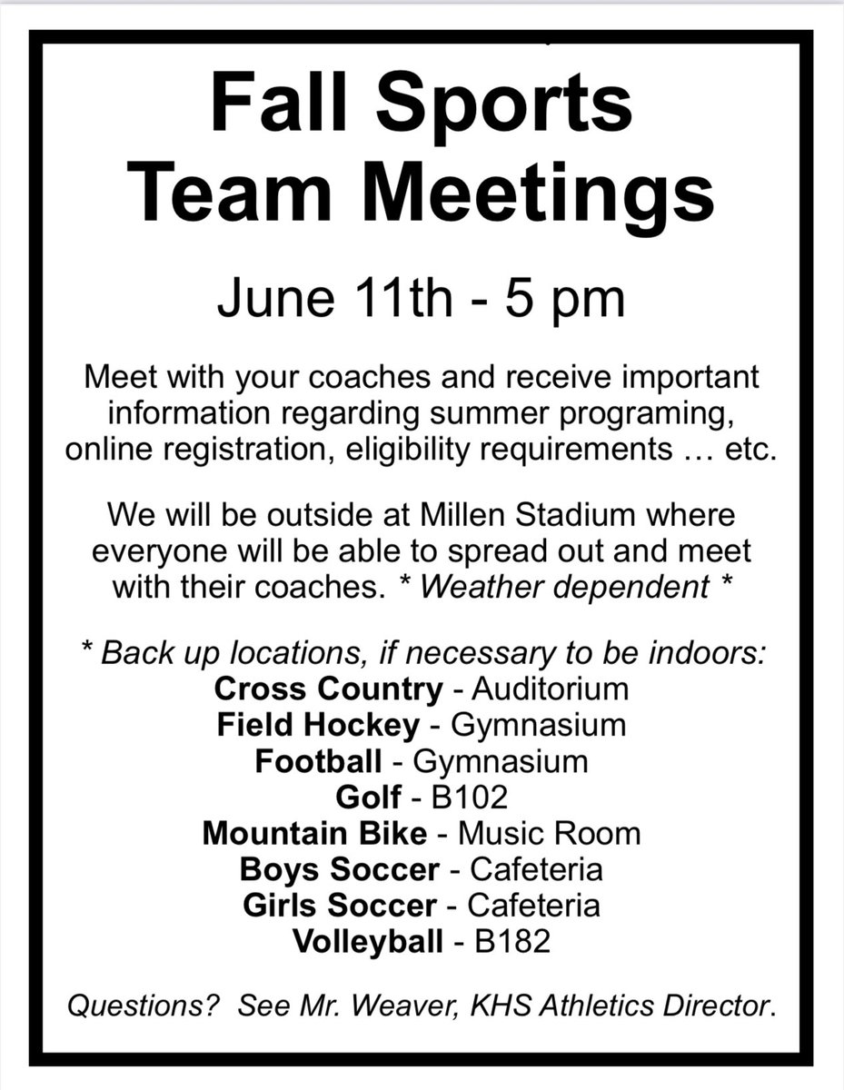 Mark your calendars … <a href="/KennettAthletic/">Kennett Athletics</a> fall sports team meetings are next week. Anyone interested in playing a sport at Kennett High School in the fall should attend, meet your coach, and get important summer and preseason information!