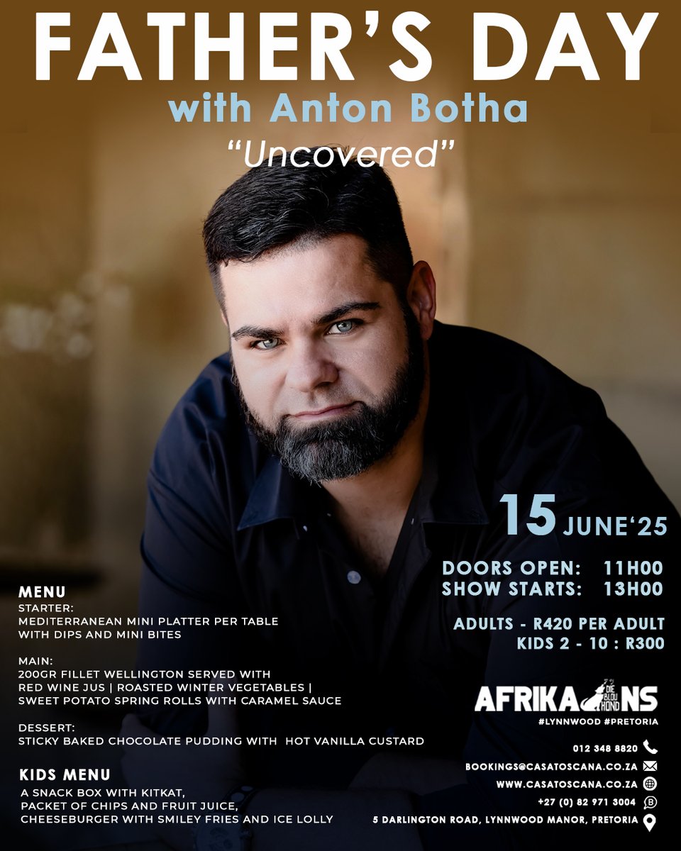 Moenie op Vadersdag die vuur aansteek nie – ons sorg vir die fees! 🔥🍽️
Vier 15 Junie saam met <a href="/AntonBothaBand/">Anton Botha Band</a> by Die Blou Hond. 🎶
🎟️ Bespreek nou: bit.ly/3GkXlPt
#Vadersdag #AntonBotha #DieBlouHond #PretoriaEvents #BederfPa