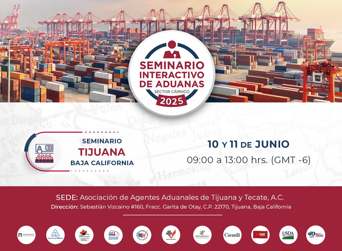 🚨 ¡Tijuana arranca los Seminarios Interactivos de Aduanas 2025!
🗓️ 10 y 11 de junio | 9 a 13 h
📍 Modalidad presencial
📩 Inscríbete aquí: shorturl.at/B6DWK
#Aduanas2025 #Tijuana #ComercioExterior #SectorCárnico