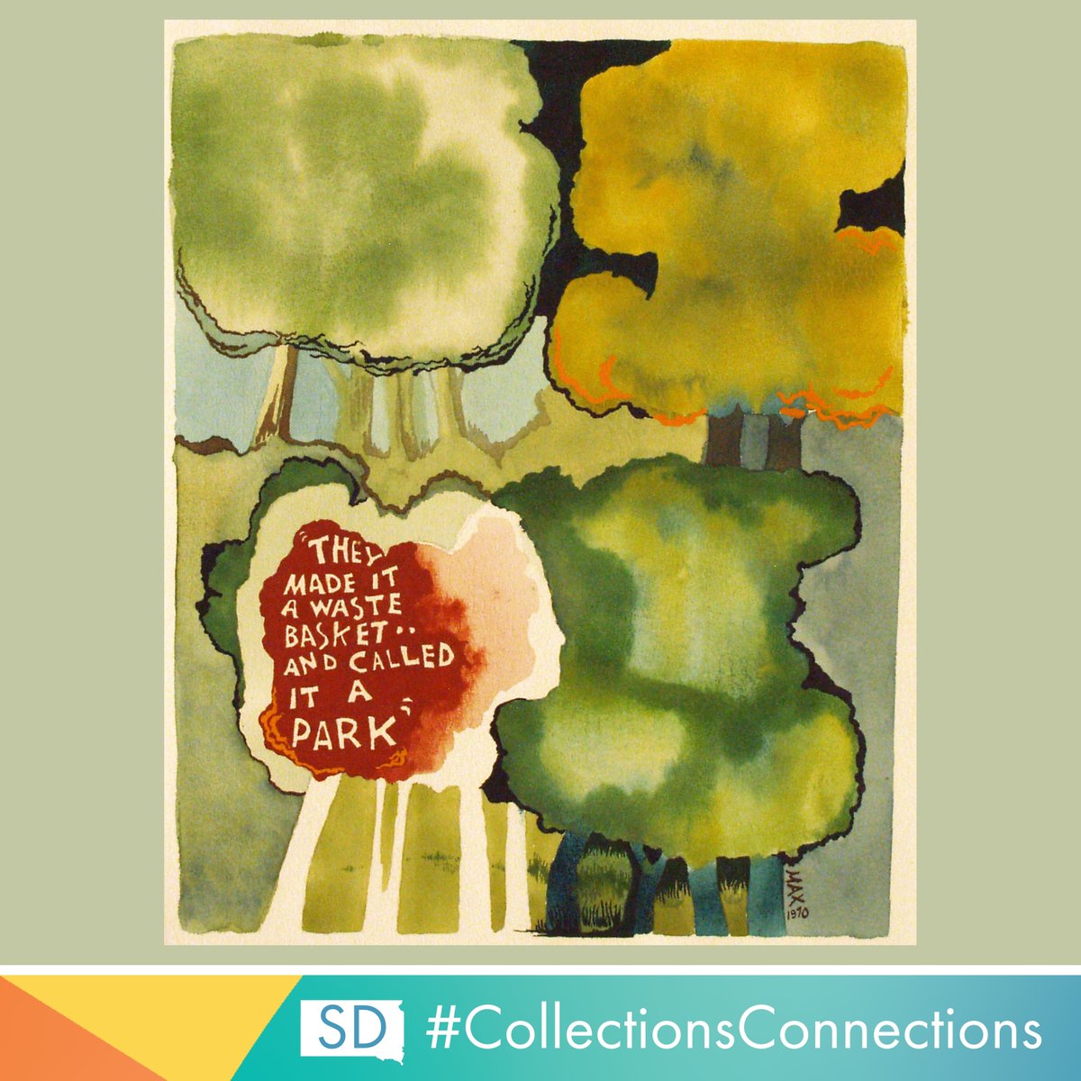 “This painting grew from a natural experience with my son in a littered … Park? … in Huron, S.D. and the unliterary paraphrasing of ‘They Made it a Wasteland &amp; Called it Peace.’” Max Allen Peterson studied at SDSU, University of Northern Colorado, &amp; the University of Minnesota.