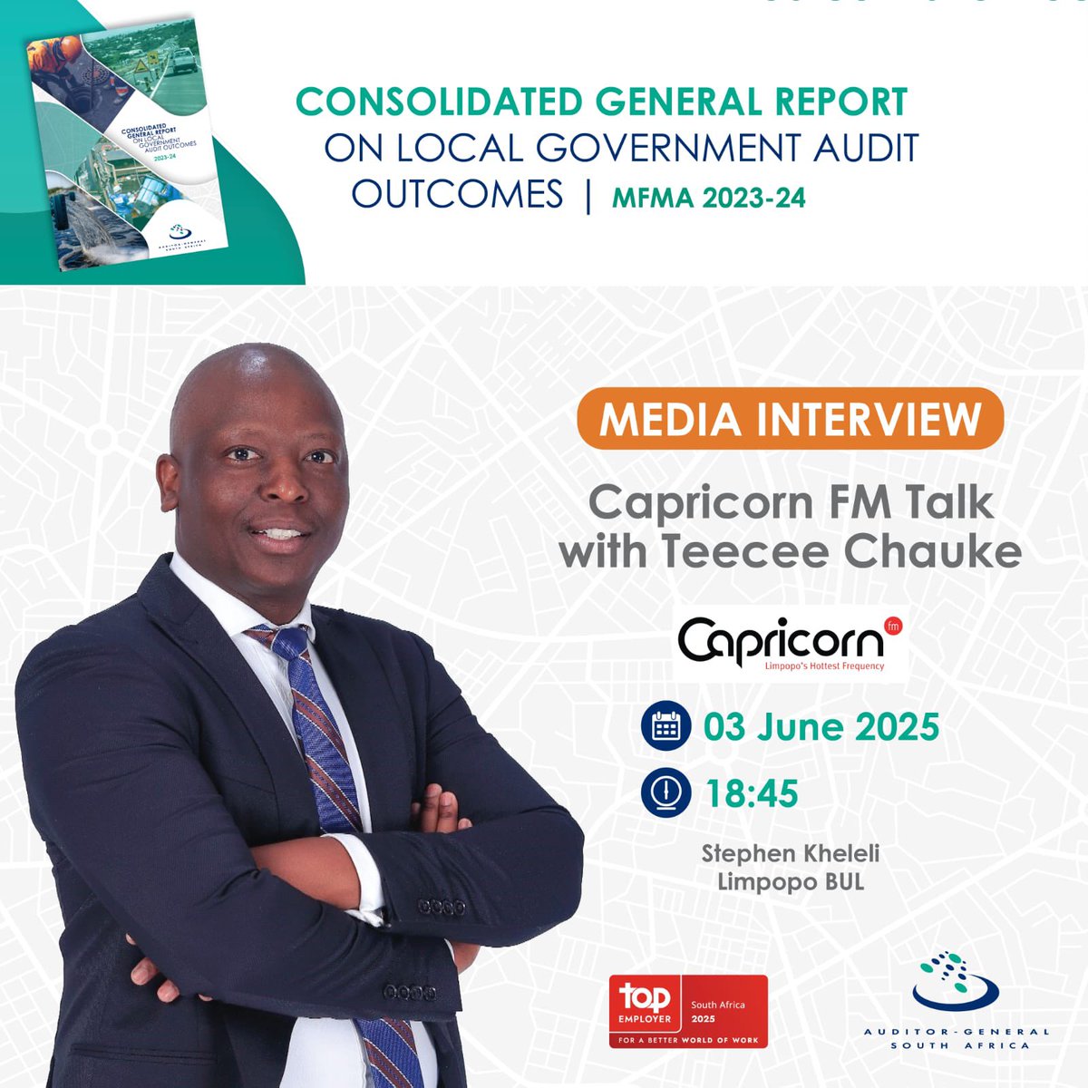 AuditorGen_SA's tweet photo. Catch Stephen Kheleli, Limpopo Business Unit Leader live on radio he will share insights on the 2023–24 local government audit outcomes.
#AGReport
#MFMAReport
#LocalGovernmentAuditOutcomes https://t.co/hg6gSmELew