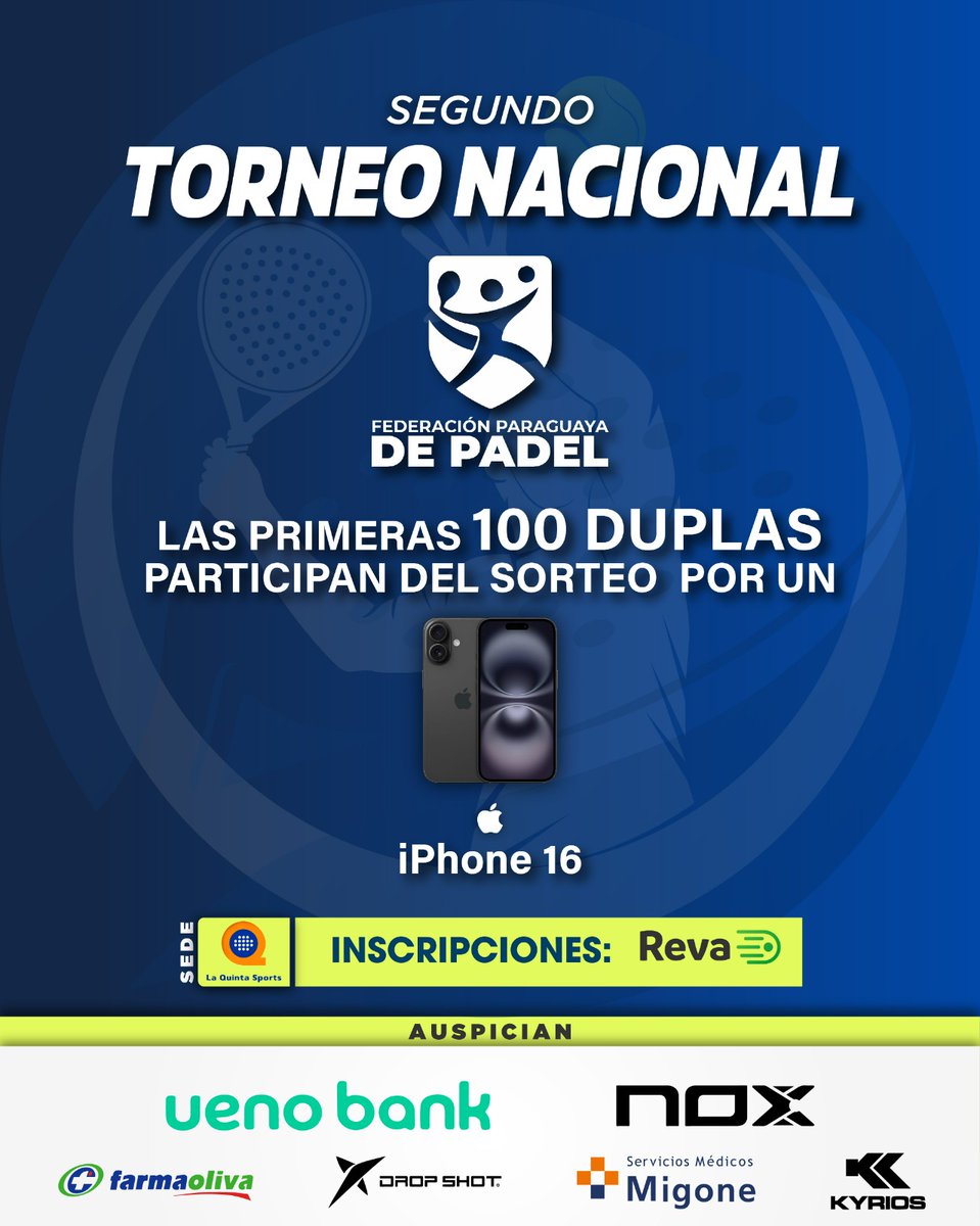 feparpa_oficial's tweet photo. Seguimos con las sorpresas para el 2do Torneo Nacional FEPARPA

Si estás entre las primeras 100 duplas inscriptas, ya participás en el sorteo de un Iphone 16

Celebremos juntos la #LaNuevaFeparpa y hagamos del encuentro una gran fiesta

#PadelPy https://t.co/8KWh6tIJ6E