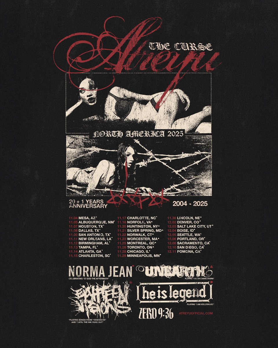Can’t believe it’s been 2 decades! <a href="/atreyuofficial/">Atreyu</a> is bringing 20 years of THE CURSE. We’re bringing 20 years of OGTA. 
Tickets on sale this Friday!

w/ Norma Jean 
11.28 CHICAGO, IL
11.29 MINNEAPOLIS, MN
11.30 LINCOLN, NE
12.02 DENVER, CO
12.03 SALT LAKE CITY, UT
12.04 BOISE, ID