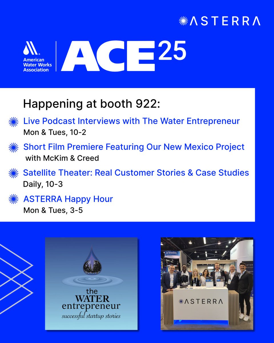 ASTERRA (@asterratech) on Twitter photo Join us at #ACE25!
Stop by booth 922 to see how utilities can use satellite-based intelligence to:
✔️Detect leaks
✔️Optimize pipe replacement
✔️Monitor dams & levees
✔️Prioritize investments
PLUS: We’re going all in with the interactive booth experiences. See you in Denver! Join us at #ACE25!
Stop by booth 922 to see how utilities can use satellite-based intelligence to:
✔️Detect leaks
✔️Optimize pipe replacement
✔️Monitor dams & levees
✔️Prioritize investments
PLUS: We’re going all in with the interactive booth experiences. See you in Denver!