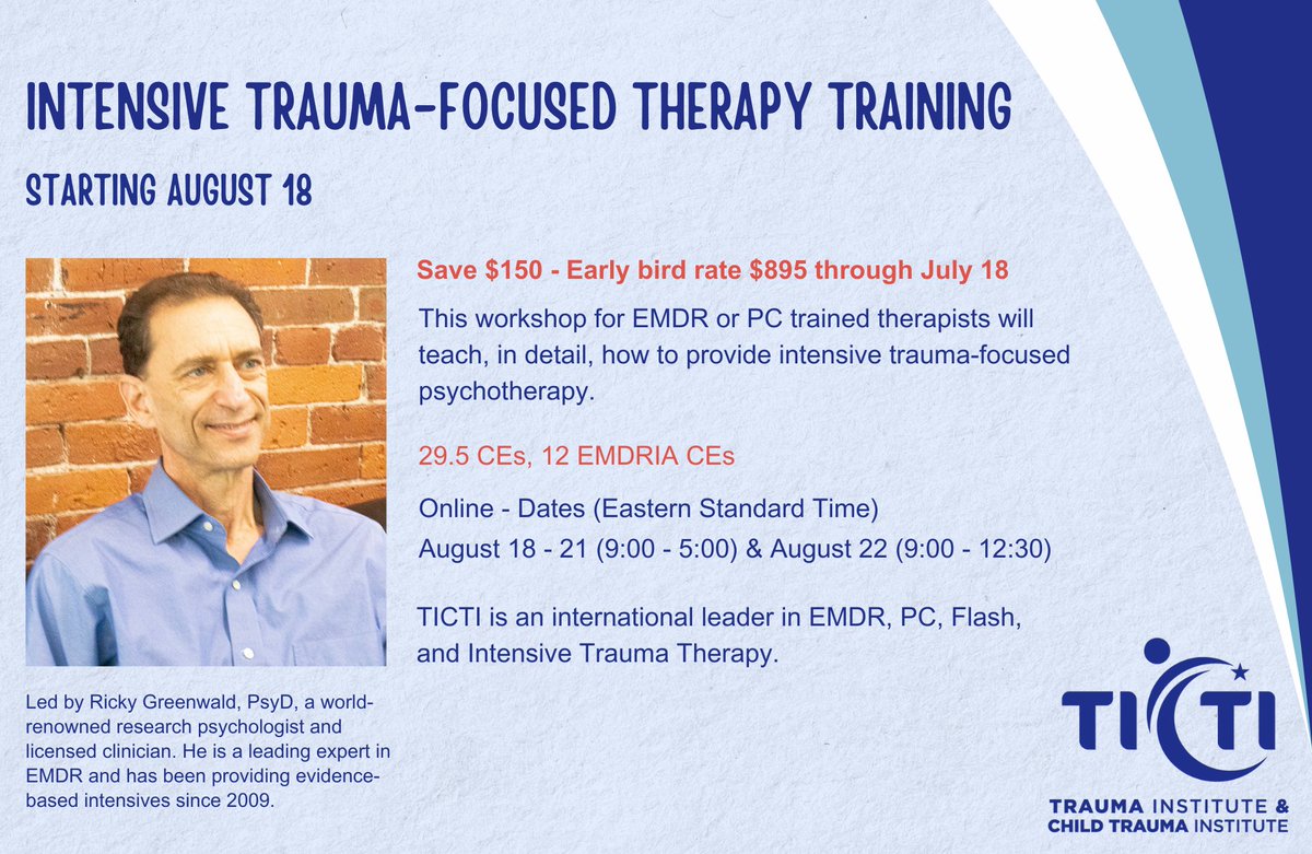 Learn how to do intensive trauma therapy and potential benefits/pitfalls.

Experiential training. Must be trained in EMDR or PC. 

Intensive Trauma-Focused Therapy - Summer 2025 
ticti.org/training/inten…