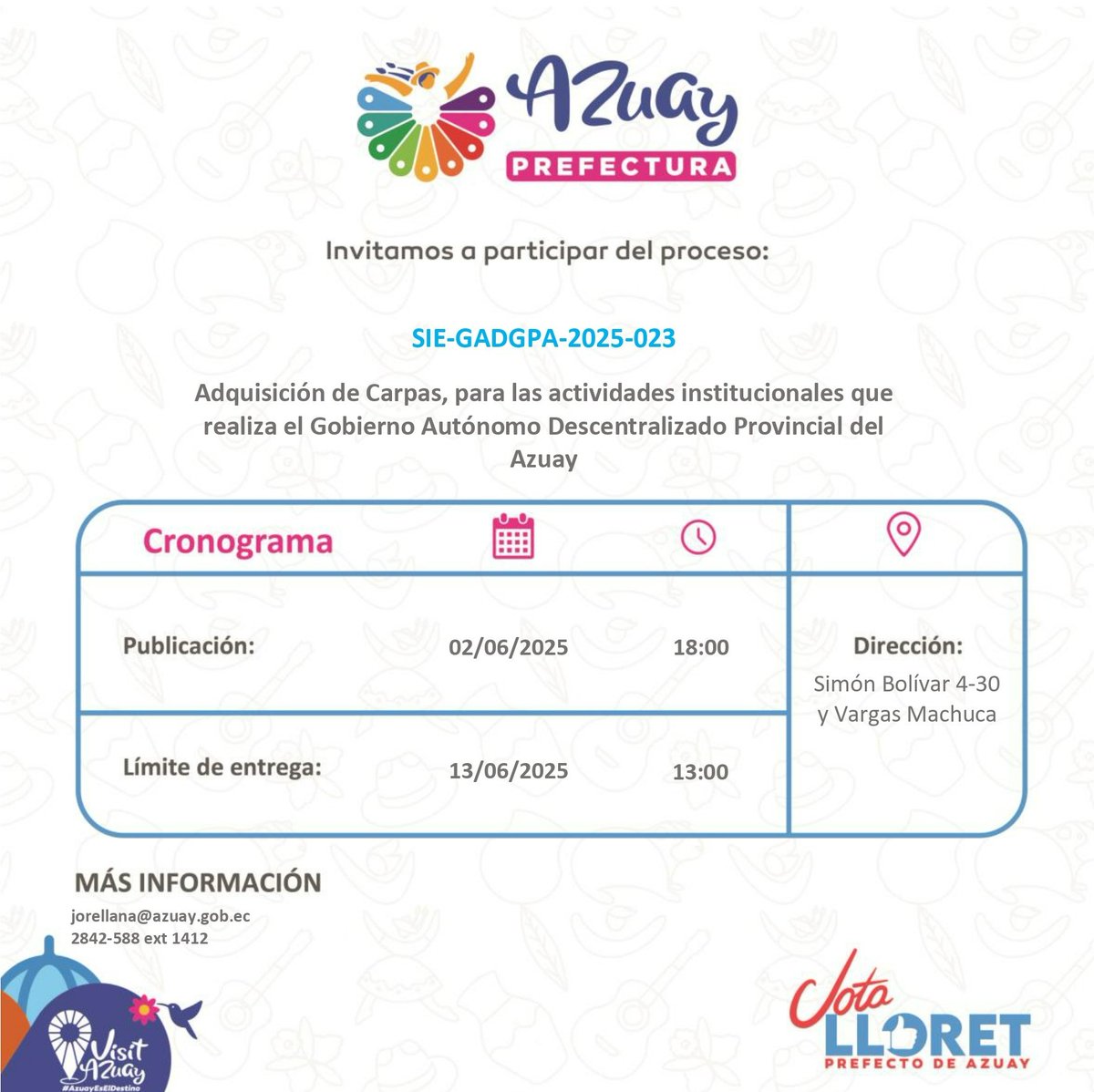 #ComprasPúblicasTransparentes 

✅ Súmate a nuestros proveedores.

Ingresa al Portal de Compras Públicas y revisa los procesos actuales. ✍️

#TransformamosVidas 
#JotaLloretPrefecto
#AzuayPrefectura
#HicimosMás
