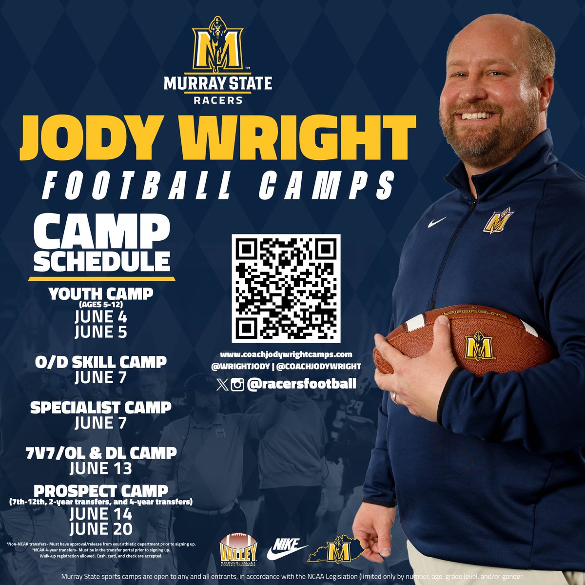 Jody Wright (@wrightjody) on Twitter photo ๐ Camp come learn and show out with <a href="/racersfootball/">Murray State Football</a>. Starting with Youth Camp (ages 5-12) tomorrow and Thursday. Walk Up Registration 8:00-8:45am. <a href="/RacerFBAlumni/">RFAA</a> <a href="/MSUFBRecruit/">Murray State Football Recruiting</a> <a href="/MSURacers/">Murray State Racers Athletics</a> <a href="/PrepRedzone/">Prep Redzone ๐</a> <a href="/Ryzer/">Ryzer</a> #GoRacers๐ #FindAWay #Believe #FootballCamp
coachjodywrightcamps.com ๐ Camp come learn and show out with <a href="/racersfootball/">Murray State Football</a>. Starting with Youth Camp (ages 5-12) tomorrow and Thursday. Walk Up Registration 8:00-8:45am. <a href="/RacerFBAlumni/">RFAA</a> <a href="/MSUFBRecruit/">Murray State Football Recruiting</a> <a href="/MSURacers/">Murray State Racers Athletics</a> <a href="/PrepRedzone/">Prep Redzone ๐</a> <a href="/Ryzer/">Ryzer</a> #GoRacers๐ #FindAWay #Believe #FootballCamp
coachjodywrightcamps.com